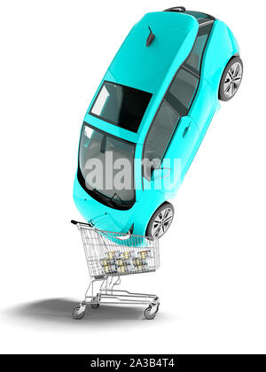 Un concetto moderno di colore blu di vendita auto elettrica nel carrello per denaro 3D render su sfondo bianco con ombra Foto Stock