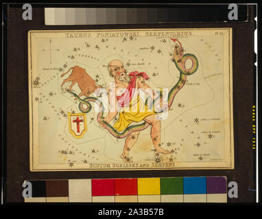 Taurus Poniatowski, Serpentarius, Scutum Sobiesky e Serpens, piastra 12 in specchio di Urania, un set di carte celesti accompagnati da un familiare trattato di astronomia ... da Giosafat Aspin. Londra. Diagramma astronomico. 1 stampa su carta stratificata pensione : incisione, colorate a mano.; Foto Stock