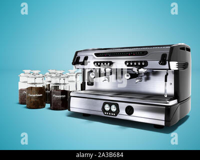 Moderne professionale macchina da caffè per due tazze con grandi vasi di diverse varietà di caffè 3d rendering su sfondo blu con ombra Foto Stock