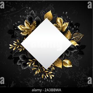 Oro, autunno, foglie di gioielli con banner bianco a forma di rombo sul nero testurizzato sfondo. Illustrazione Vettoriale