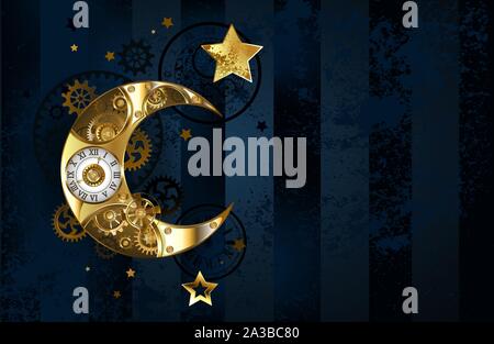 Ottone, antiquariato, golden luna decorata con gli ingranaggi in ottone e quadrante bianco su scuro, blu, sfondo striato con stelle d'oro. Illustrazione Vettoriale
