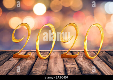 Golden 2020 su legno tavolo con luci sfocate sfondo, anno nuovo messaggio di saluto festivo card Foto Stock