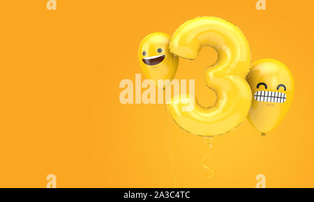Numero 3 compleanno ballloon con facce emoji palloncini. 3D Render Foto Stock