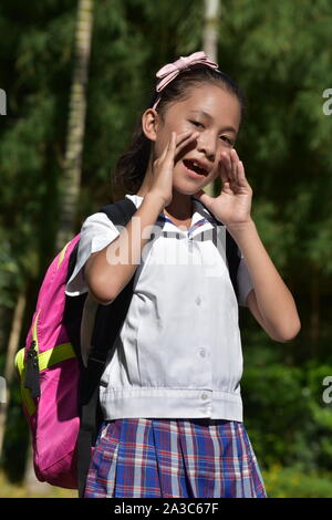 Studentessa parlando indossano uniformi con notebook Foto Stock