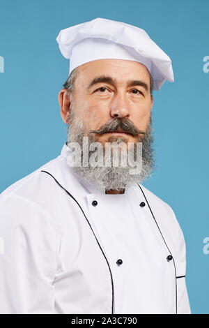 Professional testa e spalle ritratto del carismatico chef senior indossano uniformi in posa contro sfondo blu e guardando la fotocamera Foto Stock