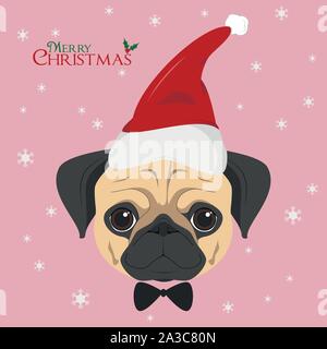 Natale biglietto di auguri. Pug dog con red Santa's hat Illustrazione Vettoriale