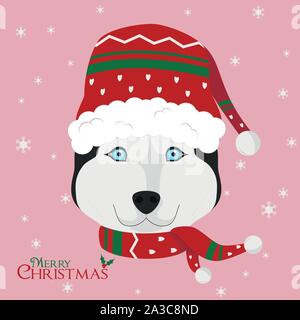 Natale biglietto di auguri. Siberian Husky cane che indossa una sciarpa e un cappello di lana per l'inverno Illustrazione Vettoriale