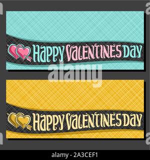 Vector biglietti d'auguri per San Valentino con copia spazio, 2 striscioni con cuori rosa trafitto freccia, manoscritta originale font per il testo happy vale Illustrazione Vettoriale