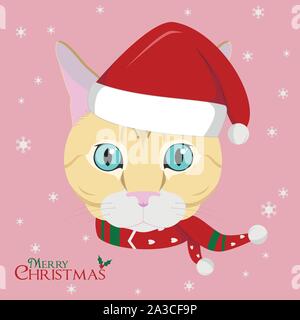 Natale biglietto di auguri. European Shorthair gatto con indosso una sciarpa e un rosso Santa's hat Illustrazione Vettoriale