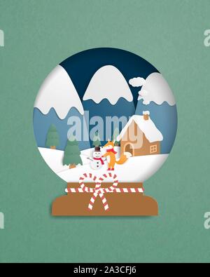 Celebrazione della Messa di Natale biglietto di auguri in carta tagliata stile. Baby fox facendo un pupazzo di neve. Illustrazione Vettoriale. Progettazione per sfondo, poster, striscioni, carta da parati Illustrazione Vettoriale