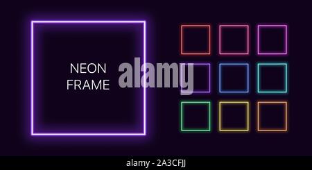 Neon piazza monocromatica confine con copia spazio. Set di modelli di Neon gradiente telaio quadrato. Espressiva e futuristico elemento grafico, geometriche sha Illustrazione Vettoriale