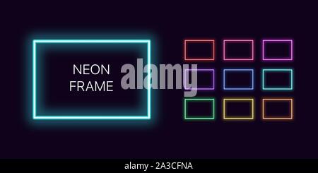 Neon rettangolo monocromatico confine con copia spazio. Set di modelli di gradiente al Neon di una cornice rettangolare. Espressiva e futuristico elemento grafico, geometr Illustrazione Vettoriale