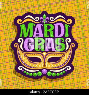 Il logo del vettore per il Mardi Gras Carnival, poster con golden maschera veneziana, simbolo Fleur de Lis, originale il font per il testo di festa del Mardi Gras su giallo abstra Illustrazione Vettoriale