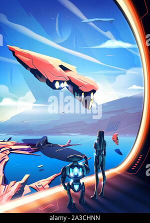 Un immaginario illustrazione di una città futuristica. Una donna in piedi con un robot e guardando fuori dall'interno dell'astronave per lo scenario di avveniristici Illustrazione Vettoriale