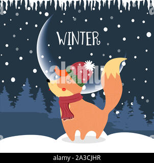 Carino inverno fox in berretto lavorato a maglia e sciarpa sulla notte sfondo innevato con abeti e cumuli di neve. Vacanze di Natale e Anno Nuovo Card Cartoon flat h Foto Stock