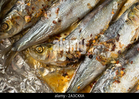 Cornish sardine, Sardina pilchardus, acquistato da un supermercato nel Regno Unito e in grigliato in un forno di alogeno con finocchio e burro alle erbe. Nel Regno Unito la sardina Foto Stock