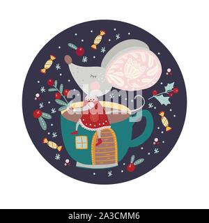 Natale divertente cartoon mouse in uno stile piatto con tazza da tè casa dolce e bacche. Vettore d'inverno poster con grazioso nuovo anno topi. Illustrazione Vettoriale