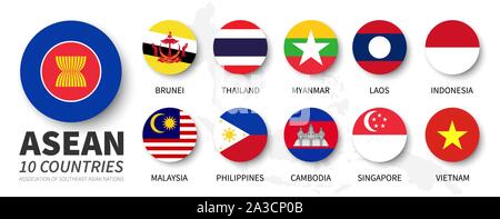 ASEAN . Associazione delle nazioni del sud-est asiatico . e bandiere di appartenenza . Piatto semplice cerchio design . Vector . Illustrazione Vettoriale