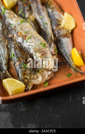 Cornish sardine, Sardina pilchardus, acquistato da un supermercato nel Regno Unito e in grigliato in un forno di alogeno con finocchio e burro alle erbe. Nel Regno Unito la sardina Foto Stock