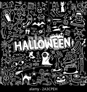 Vettore di disegnati a mano doodle cartoon set di oggetti e simboli sul tema Halloween Illustrazione Vettoriale