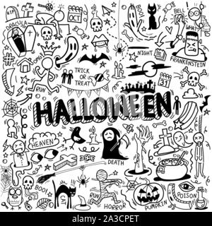 Vettore di disegnati a mano doodle cartoon set di oggetti e simboli sul tema Halloween Illustrazione Vettoriale