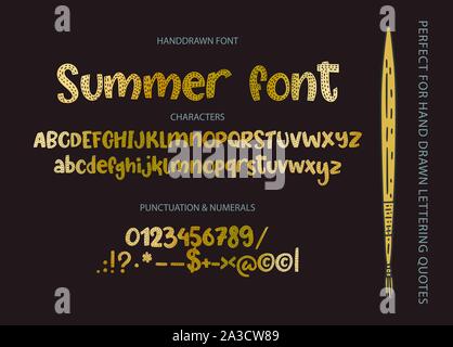 Disegnata a mano calligrafica font vettoriali. Lettere di emergenza con texture. Golden moderno tipo di calligrafia. ABC carino tipografia alfabeto latino. Illustrazione Vettoriale