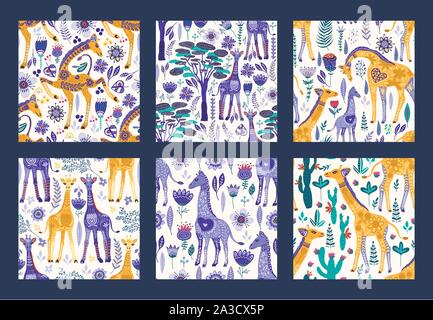 Seamless patten set di vettore con carino disegnato a mano le giraffe decorati in stile scandinavo. Africa animale raccolta dello sfondo. Estate moda safari giraffa piatto illustrazioni. Illustrazione Vettoriale