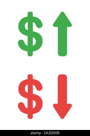 Icona del vettore di set di simboli di dollaro con la freccia il movimento in su e in giù. Schermo piatto a colori e stile. Illustrazione Vettoriale