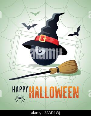 Happy Halloween. Sport biglietto di auguri. Palla da biliardo con le streghe hat e ginestra sullo sfondo del biliardo tavolo da biliardo come spider web. Illustrazione Vettoriale