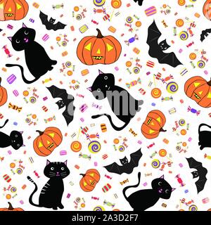 Disegnato a mano i gatti di Halloween, pipistrelli, zucche e dolci golosità. Vivace vettore seamless pattern su sottili spiderweb sfondo bianco. Grande per confezione regalo Illustrazione Vettoriale