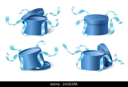 Le icone di set blue box regalo con nastri e chiuso e sportello aperto Illustrazione Vettoriale