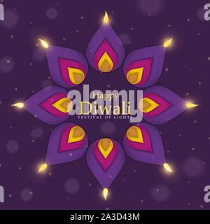 Felice diwali festival biglietto di auguri per la tradizionale festa indiana. Festosa diya indù candela fiore viola sul colore di sfondo. Illustrazione Vettoriale