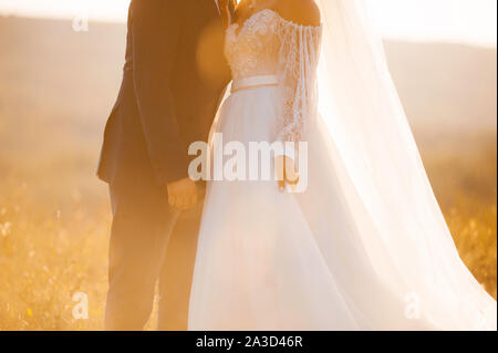 Close up foto senza facce di sposa e sposi sotto la luce diretta del sole. Essi sono in piedi accanto a ogni altro. Foto Stock