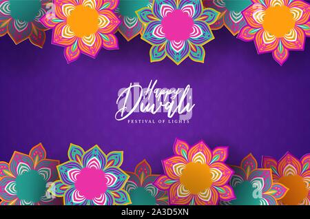 Felice Diwali greeting card illustrazione della bella indiana tradizionale fiori in papercut stile. Festival indù celebrazione design per evento festivo Illustrazione Vettoriale
