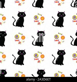 Carino i gatti neri e caramelle multicolore design. Seamless vettore geometrico pattern su sottili spiderweb sfondo bianco. Ottimo per i bambini e per Halloween Illustrazione Vettoriale