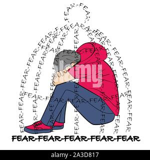 Concetto di emozione di paura nella forma di un triste e depresso adolescente seduto in una cella fittizia di paura Illustrazione Vettoriale