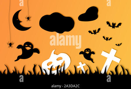 Scheda di Halloween composizione con motivi di vacanza in nero e arancio gradiente dello sfondo. Composizione orizzontale. Foto Stock
