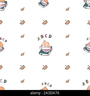 Autunno seamless pattern con i libri di scuola, ABC leters, foglie. Sfondo può essere stampato su prodotti tessili, carta da parati, la carta di avvolgimento, biglietti d'auguri. Colorato disegno a mano sketch. Illustrazione Vettoriale Illustrazione Vettoriale