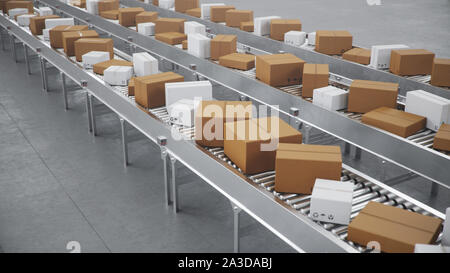 3D illustrazione la consegna dei pacchetti, servizio di confezionamento pacchi e sistema di trasporto concetto, scatole di cartone su un nastro trasportatore in un magazzino Foto Stock