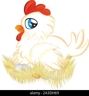 Cartoon carino white gallina con uova nel nido. Illustrazione Vettoriale