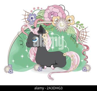 Magic unicorno nero con una rosa criniera e una coda e gli occhi blu, nel giardino fiorito. La foto in mano lo stile di disegno, può essere usata per t-shirt print Illustrazione Vettoriale