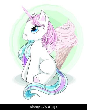 Magic unicorno bianco con una rosa e blu mane, una coda, un occhi blu e gelati. La foto in mano lo stile di disegno, può essere usata per t-shirt stampa, abbiamo Illustrazione Vettoriale