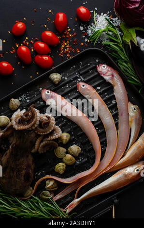 Mangiare sano concetto. Dieta mediterranea mangiare. Octopus,anguilla pesci, i pomodori e le vongole su sfondo scuro. Concetto di frutti di mare Foto Stock