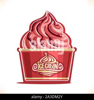 Illustrazione Vettoriale di Gelato alla fragola in bicchiere di carta, rosa soft gelato servito in vasca di cartone box per cafe takeaway, sull'etichetta di testo originale c di ghiaccio Illustrazione Vettoriale