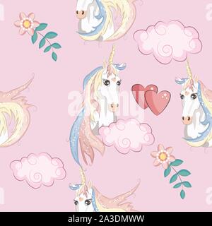 Carino unicorns seamless pattern. I bambini con pattern unicorns, fiori, palloncini, nuvole e rainbow Illustrazione Vettoriale