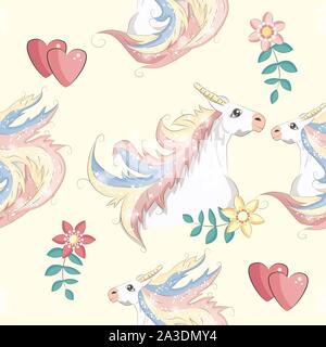 Modello senza cuciture con unicorns, stelle nuvole e astrazione, gli spruzzi di vernice. Infinite carino sfondo colorato. Disegnata a mano cartoon doodle schizzi. Illustrazione Vettoriale