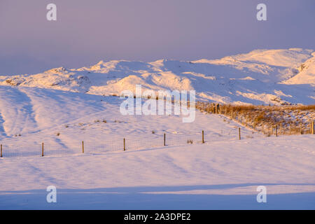 Neve sul giardino recintato croft terra sotto le montagne alle spalle del villaggio di Lochcarron, nelle Highlands della Scozia Foto Stock