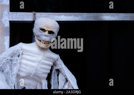 Terribile scheletro sul patibolo hangmans fune contro uno sfondo scuro con copia spazio per il vostro progetto di Halloween. Foto Stock