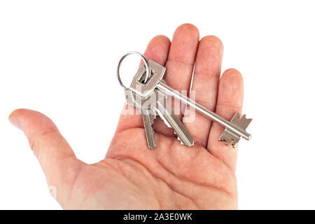 Una mano con un mazzo di chiavi. Una mano offre un mazzo di chiavi su uno sfondo bianco. Foto Stock