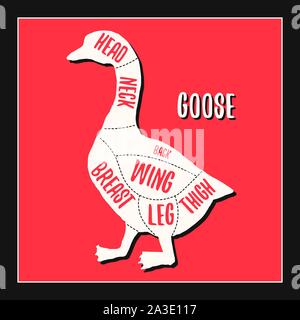 Carne di oca grafici di taglio illustrazione vettoriale per negozio di macellaio guida. Etichetta per farm design Illustrazione Vettoriale